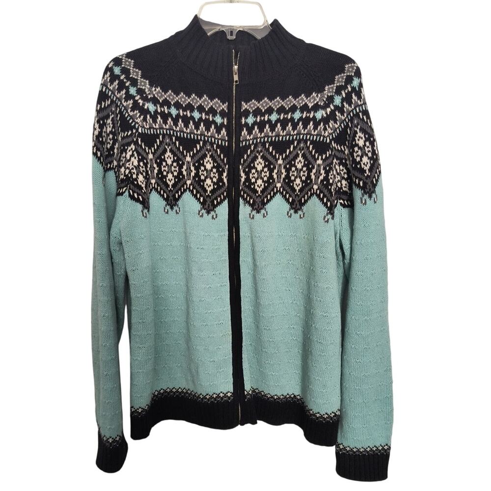 Sag Harbor Sweater Wmn's Sz L Blue Fair Isle Full Zip Long Sleeve Knit Cardigan